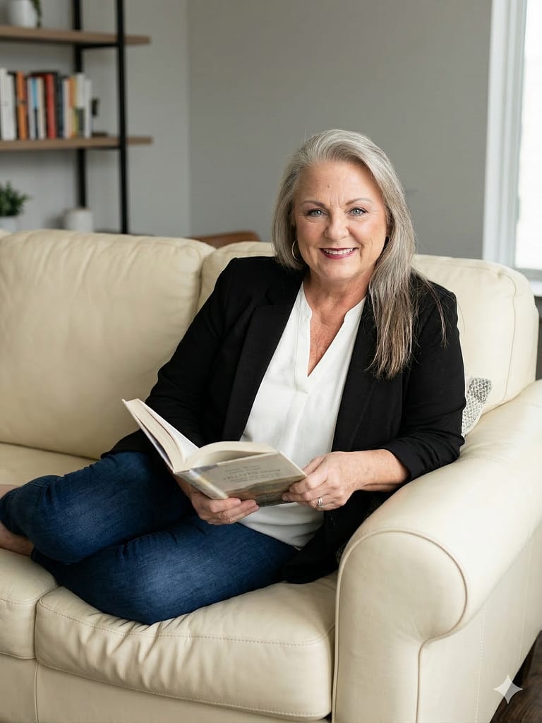 Woman sitting comfortably on a couch reading a book, representing calm and confident solo living after divorce